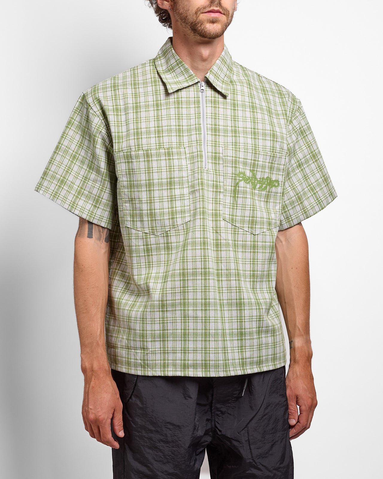 Half Zip Work Shirt in Sage/Grey/White