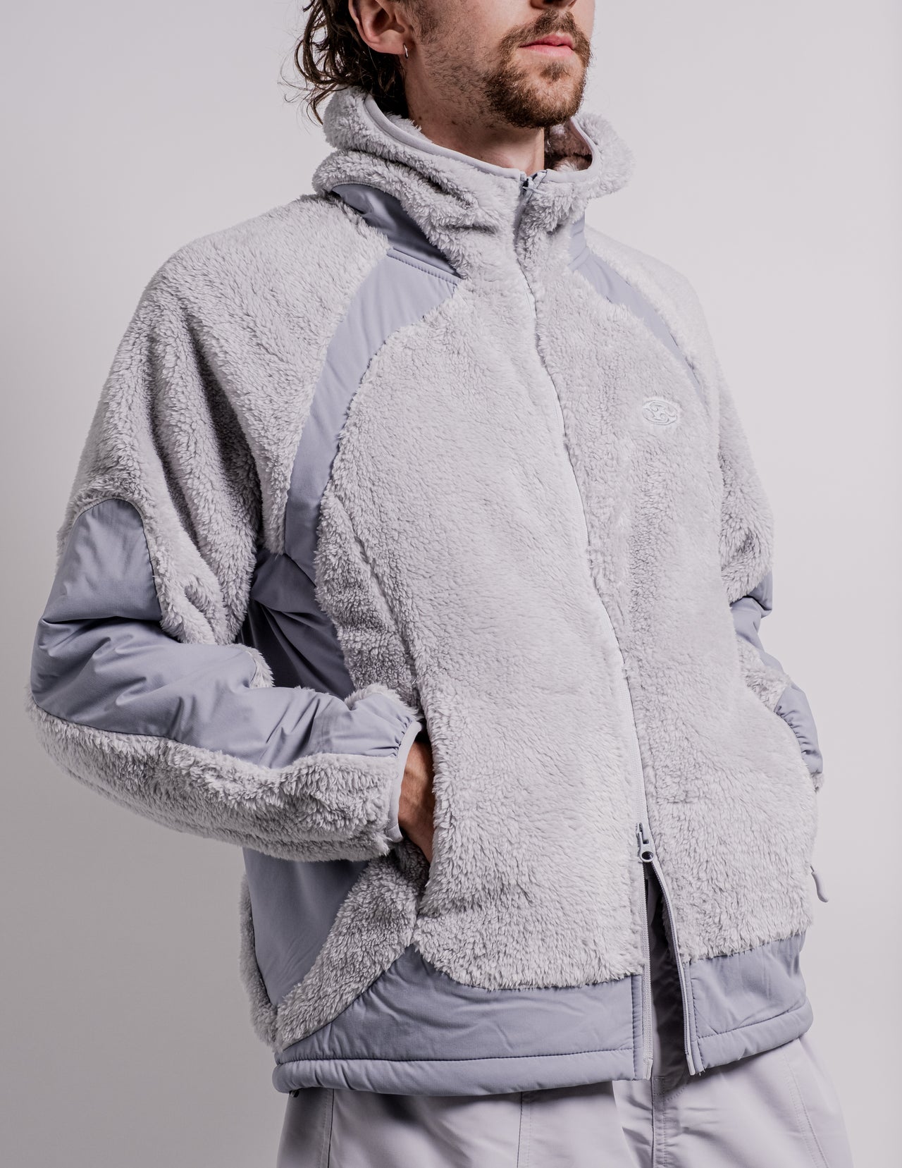 Fleece Hooded Jacket in Light Grey