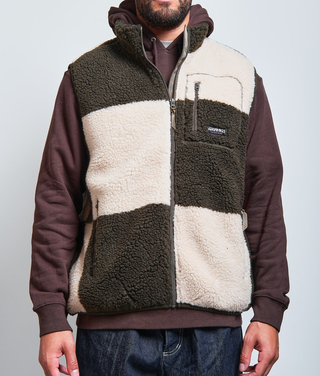 Checkered Sherpa Vest in Natural/Olive Check