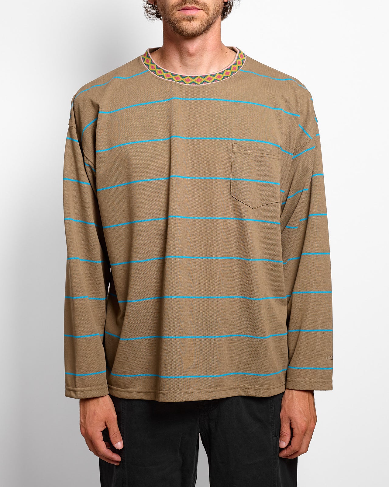 Ringer Collar Panel L/S Tee in Brown Khaki