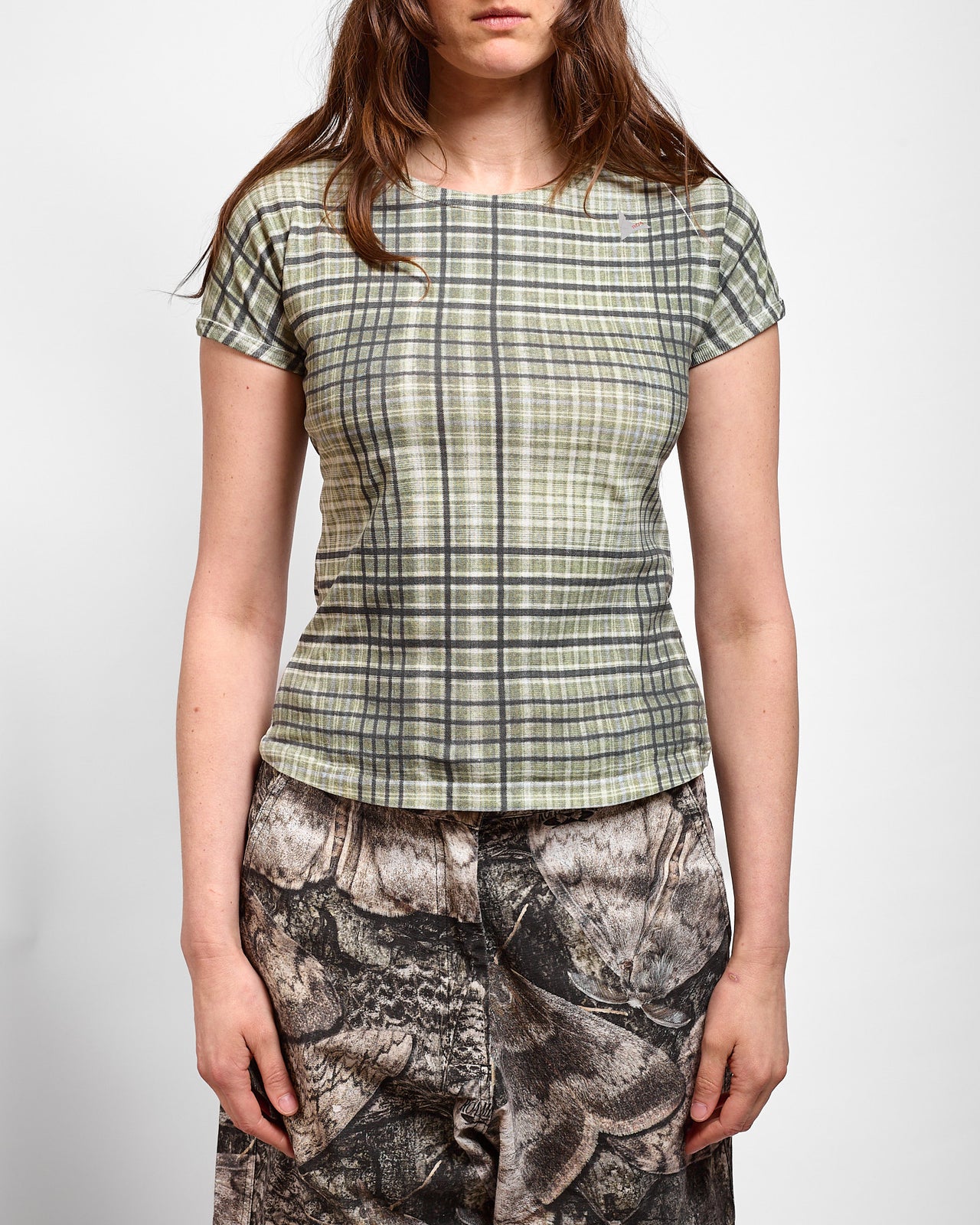 TABA Printed Check Ribbed Baby Tee in Sage Green