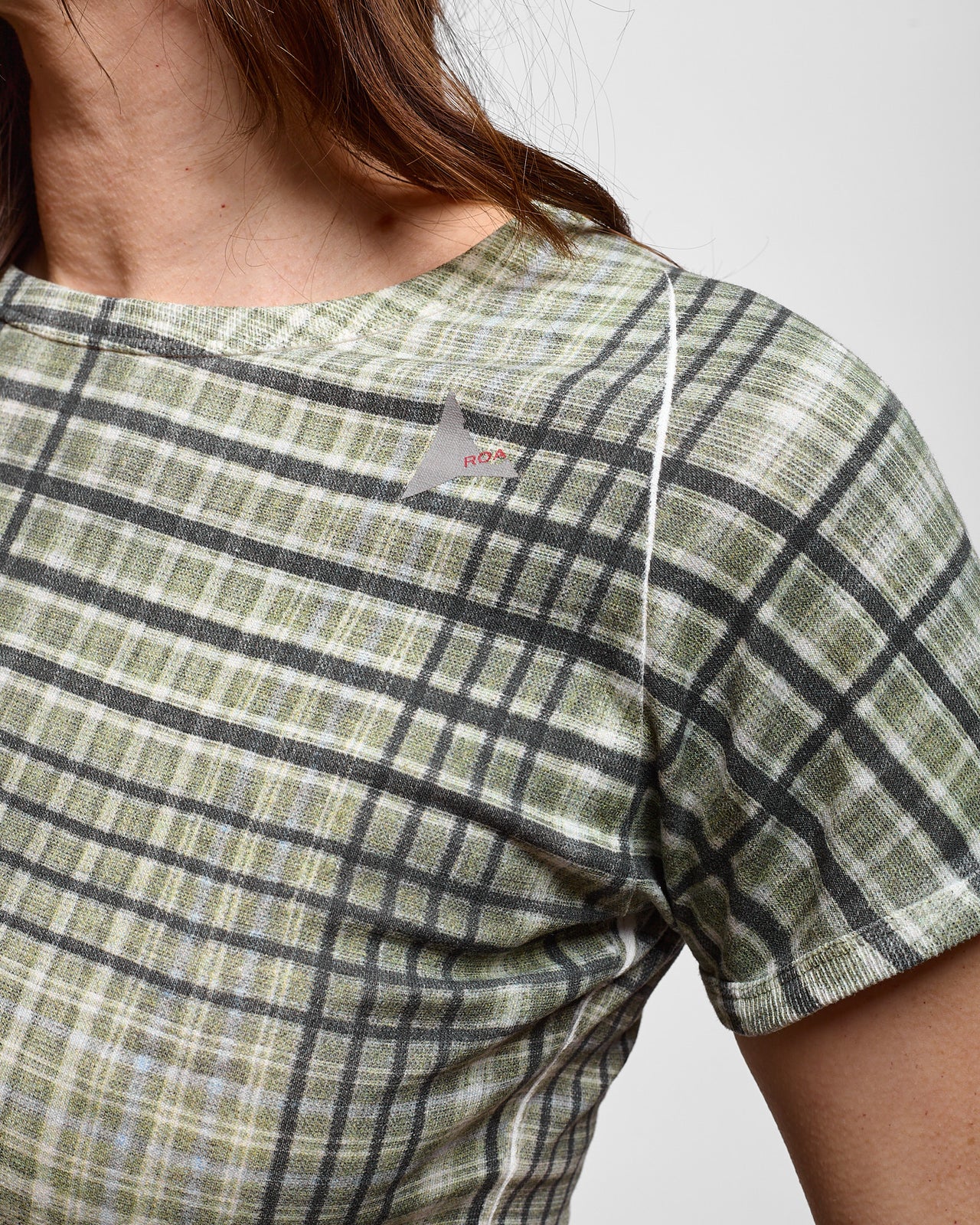 TABA Printed Check Ribbed Baby Tee in Sage Green