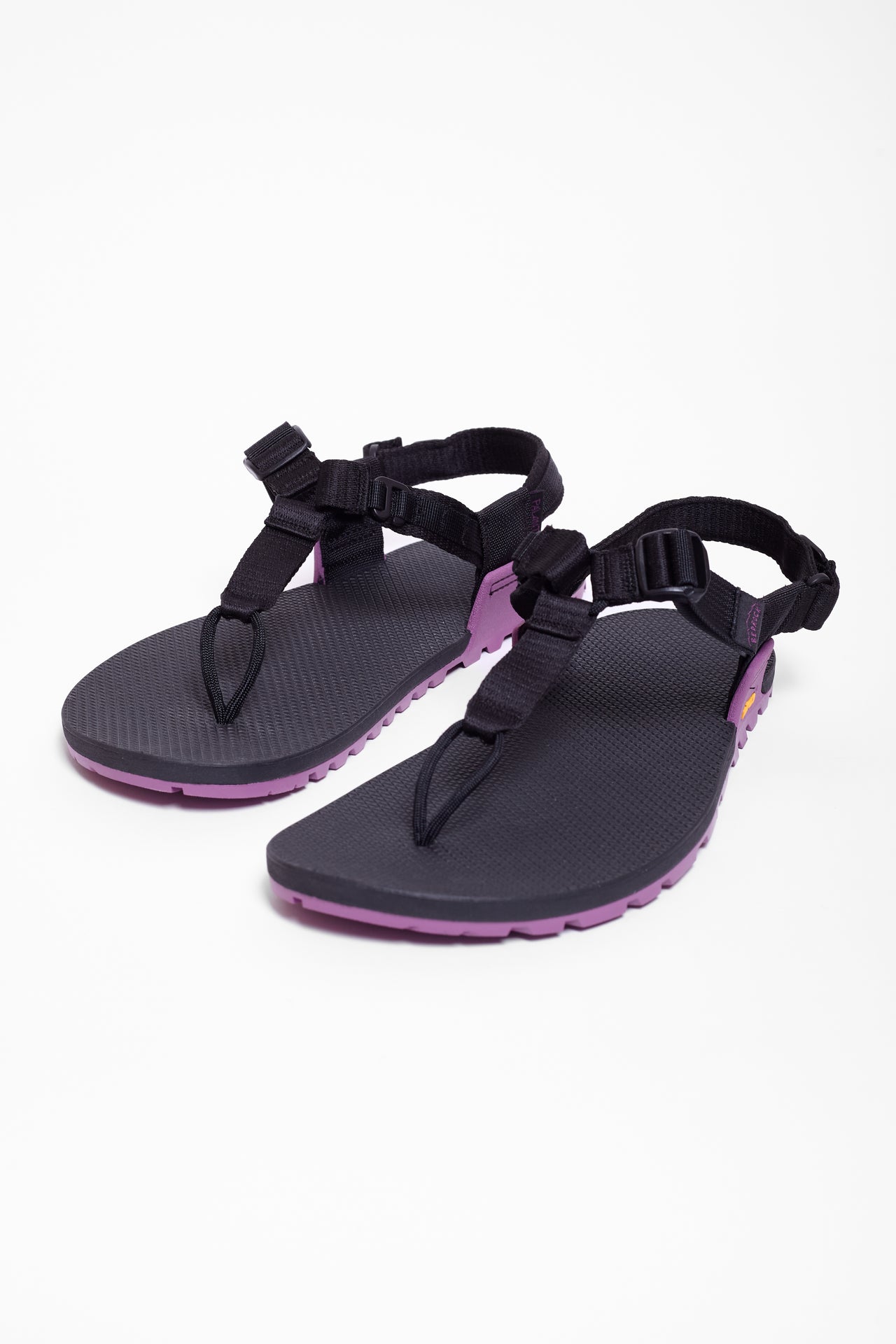 Pair of black and purple sandals on a white background