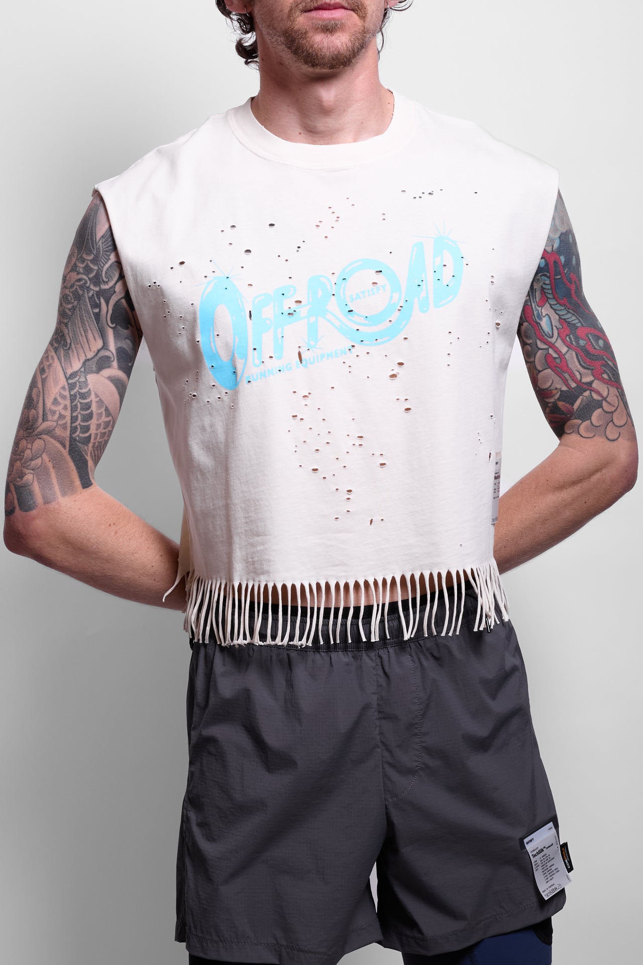 MothTech™ Cropped Fringed Muscle Tee in Aged Ecru